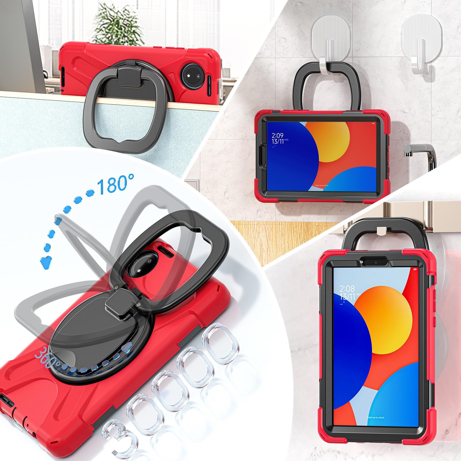 Pełne etui ochronne Obudowa kompatybilna z tabletem Xiaomi Redmi Pad SE 8,7 cala 2024, wytrzymała obudowa odporna na wstrząsy, solidna obudowa z obrotową podpórką 360 stopni, pasek na rękę/ramię kompa