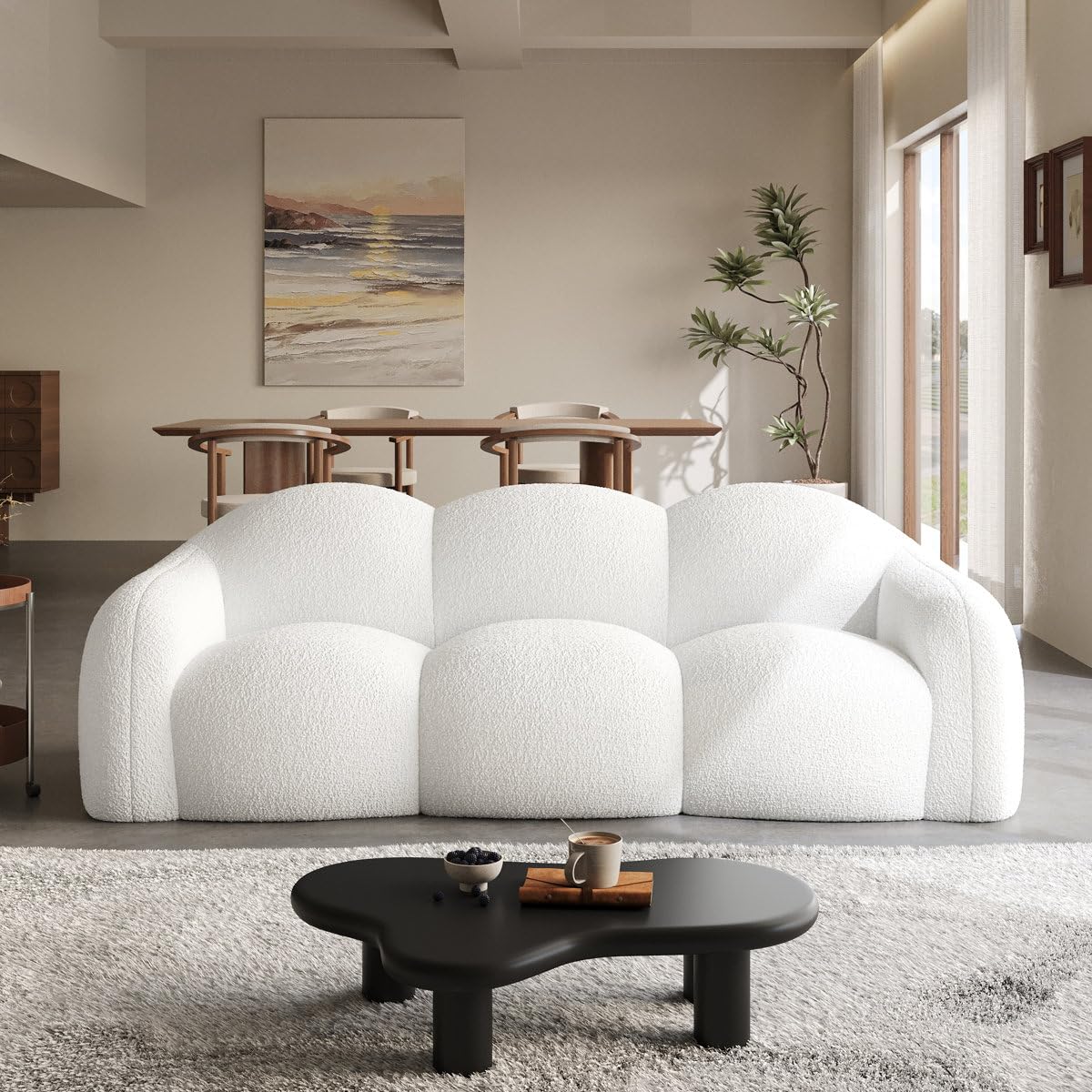 Modern Cloud Bubble Sofa 3 Seater | Luxury Pink Bouclé Fabric Couch | Designer Sofa for Living Room, Hotel Lobby, Cafe, Studio & Office Reception | Deep Comfort Seating (White)-image-3