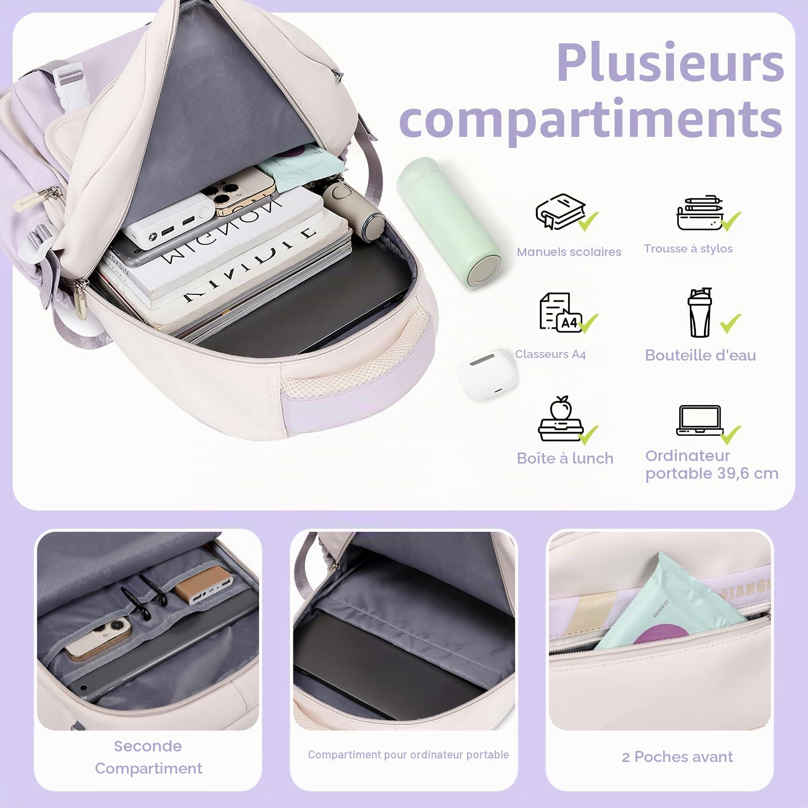 Tanou Sac a Dos College Fille Cartable Adolescente, Ensemble de Sacs d'école Filles avec Sac à Bandoulière et Trousse à Crayons, Cartables Scolaires Sac à Dos Décontracté