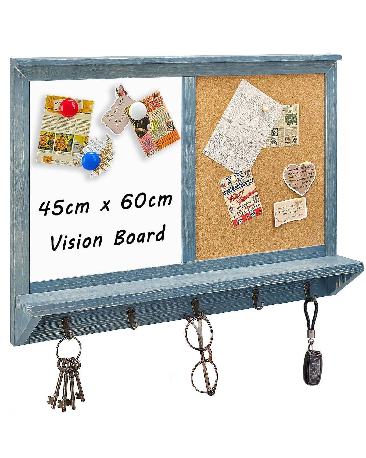 Umtiti 45 x 60 cm Wall Mounted Whiteboard and Cork Board Sign with Hooks, Whiteboard & Bulletin Board Combo,Solid Pine Wood Vintage Gray Frame(ZSB-4560GY)