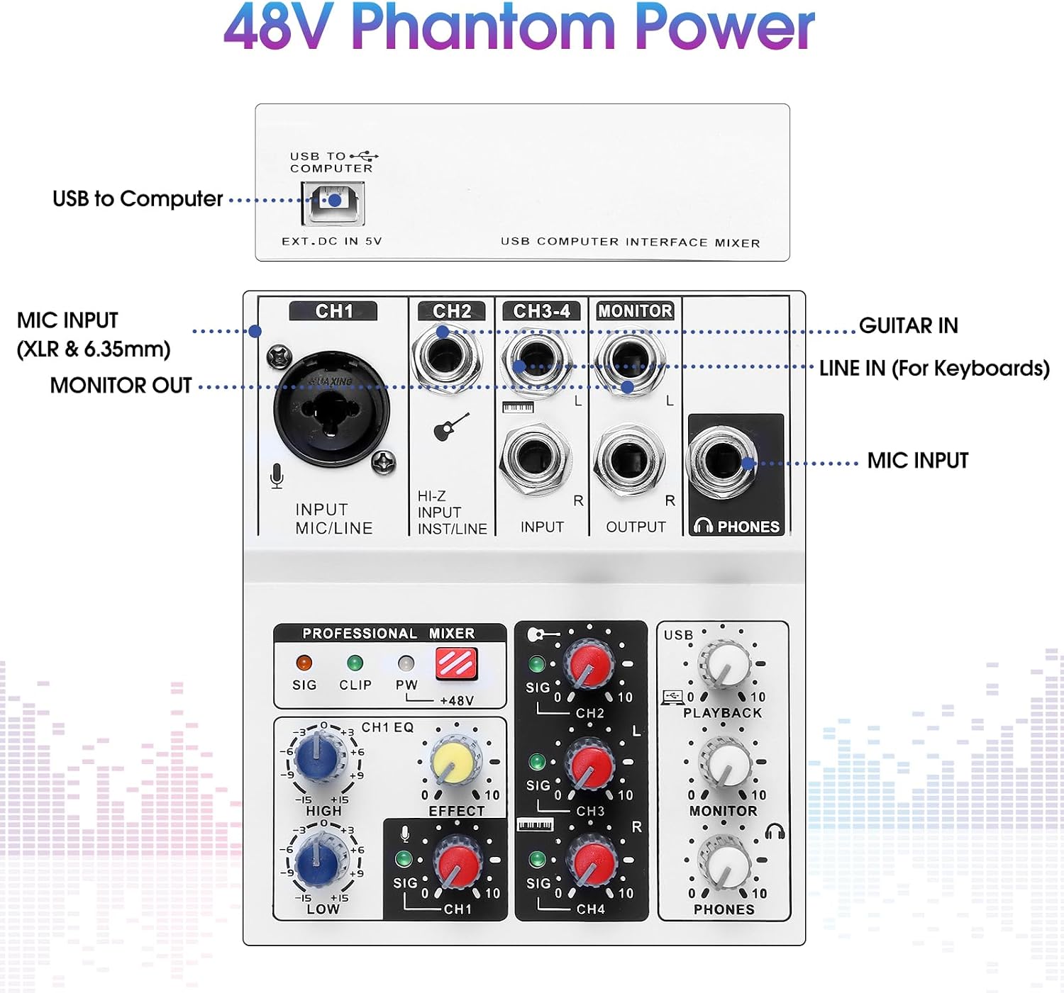 USB Audio Interface,Professional DJ Audio Mixer Computer Recording Audio Interface XLR with 48V Phantom Power for Karaoke,Podcasting,Live Streaming or Home Recording