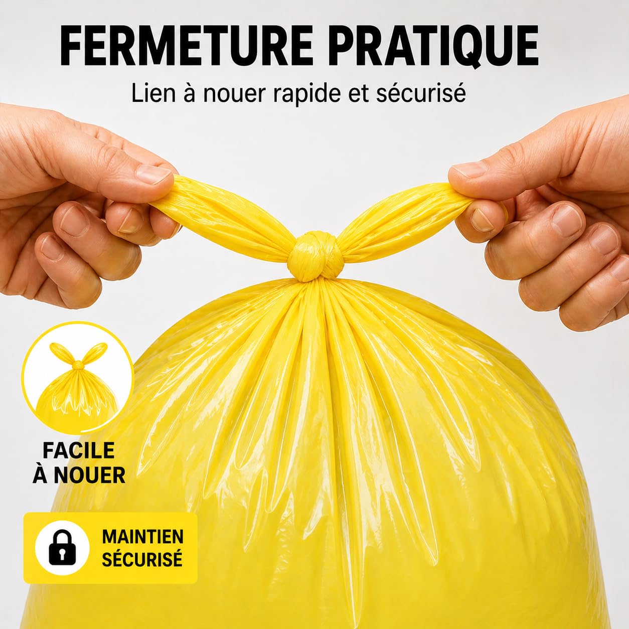 Bolsa de basura amarilla 50 l | 100 bolsas de basura de 50 litros (2 rollos de 50 bolsas amarillas) | Resistente (14 µ) e impermeable | Papeleras Oficinas – Cocina | Cierre de lazo para atar |