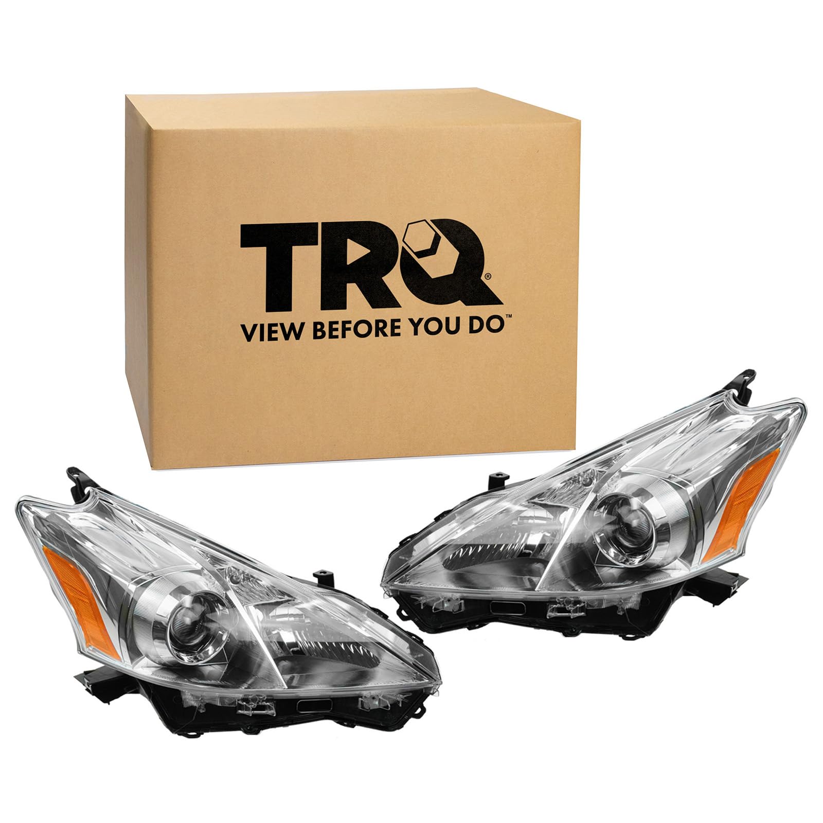 TRQ Driver and Passenger Side Headlight Assembly Set Compatible with 12-14 Toyota Prius V Halogen Only