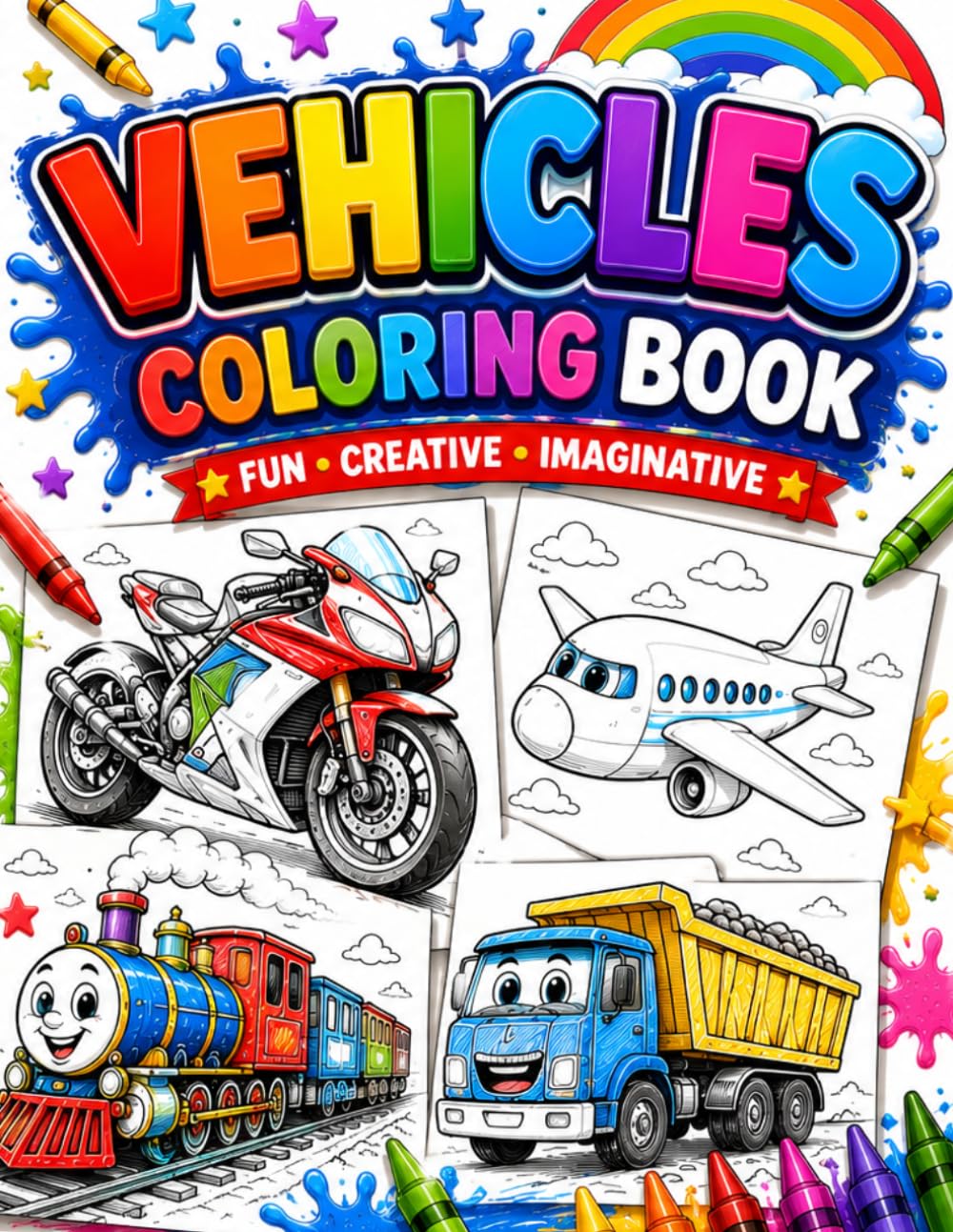 Vehicles Coloring Book for Kids: Fun Cars, Trucks, Trains, Airplanes, Tractors, Construction Vehicles and Transportation Coloring Pages for Boys and Girls