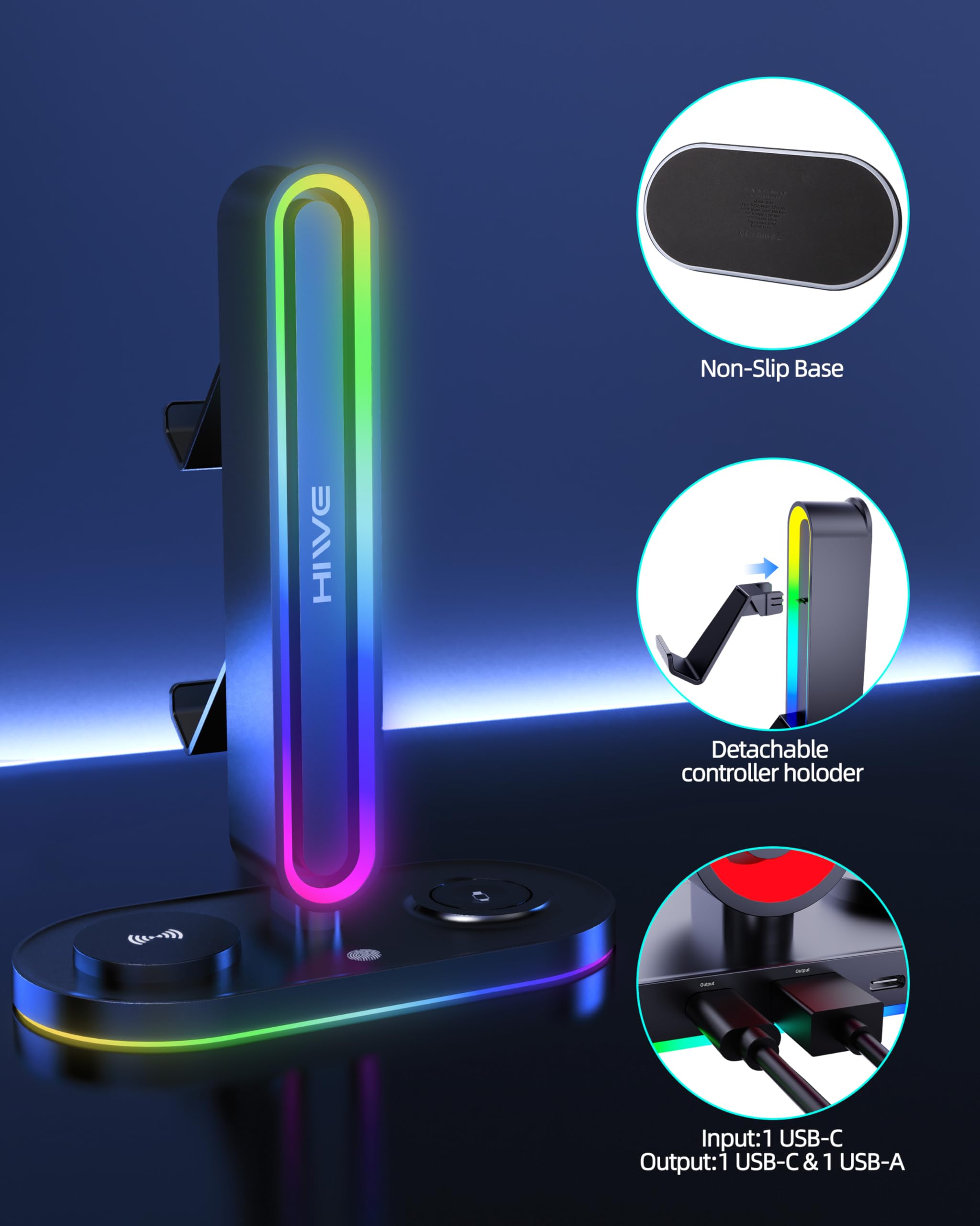 HiWe Supporto universale per cuffie da gioco RGB con 2 supporti per controller, caricabatterie wireless per iPhone/iWatch, ABS solido, base antiscivolo, nero