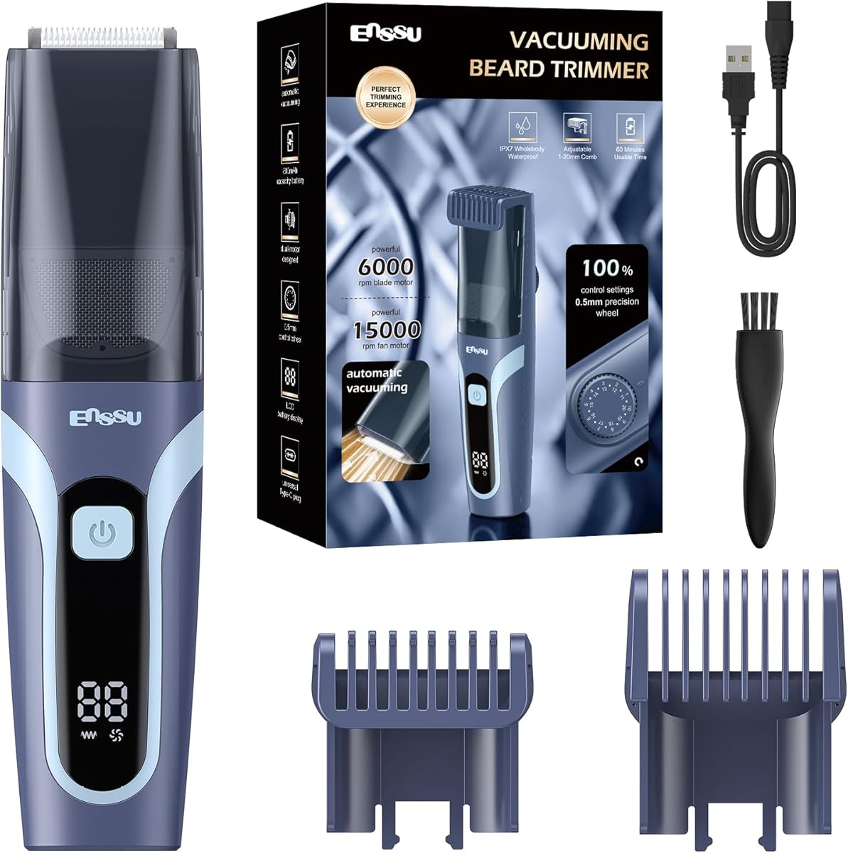 Beard Trimmer for men, Vacuum Mustache Trimmer with Type-C Charging, IPX7 Waterproof Electric Shaver Body Hair Trimmer for Men with LCD Display, Length Adjustable Blade Wheel (1/25"-4/5") (Blue)