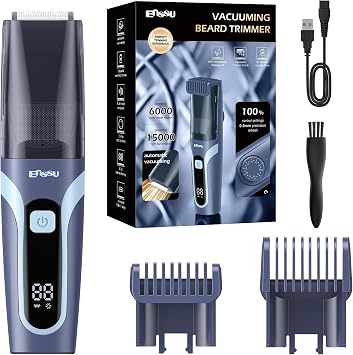 Beard Trimmer for men, Vacuum Mustache Trimmer Electric Shaver, Blue | Body Hair Trimmer with Type-C Charging, LCD Display, IPX7 Waterproof, Dual-Motor, Length Adjustable Blade Wheel (1/25-4/5)