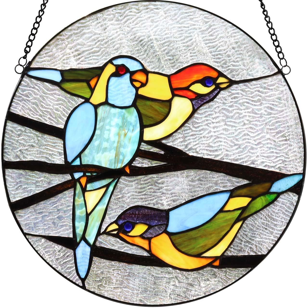 Bieye W10044 Parrots on Branches Tiffany Style Stained Glass Window Panel Hangings with Chain, 16-inch Wide Round Shape, Blue