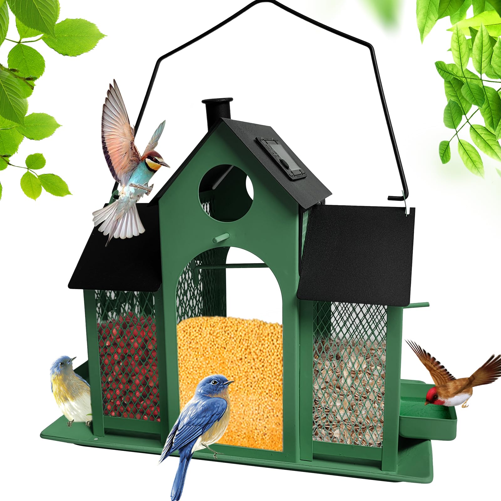 Comedero solar para pájaros para colgar en el exterior, comedero de pájaros de gran capacidad para colgar al aire libre, comedero de malla de metal para pinzón cardenal (verde y negro)