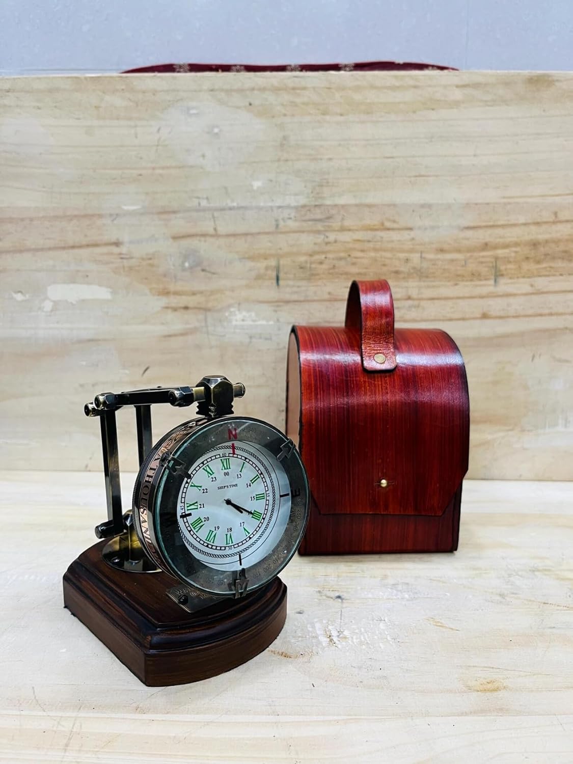 Vintage Brass Desk Clock with Wooden Stand and Leather Case 4.13 x 5.63 x 3.86 Inch Classic Finish