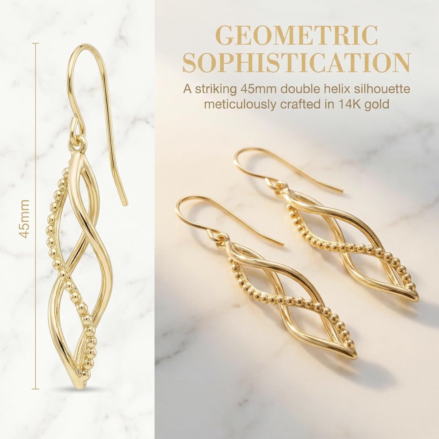 14K Yellow Gold Twisted Infinity Drop Earrings for Women, Beaded Accent Dangle Earrings, Fish Hook Back Closure, Hypoallergenic Minimalist Jewelry for Daily Wear & Gifting