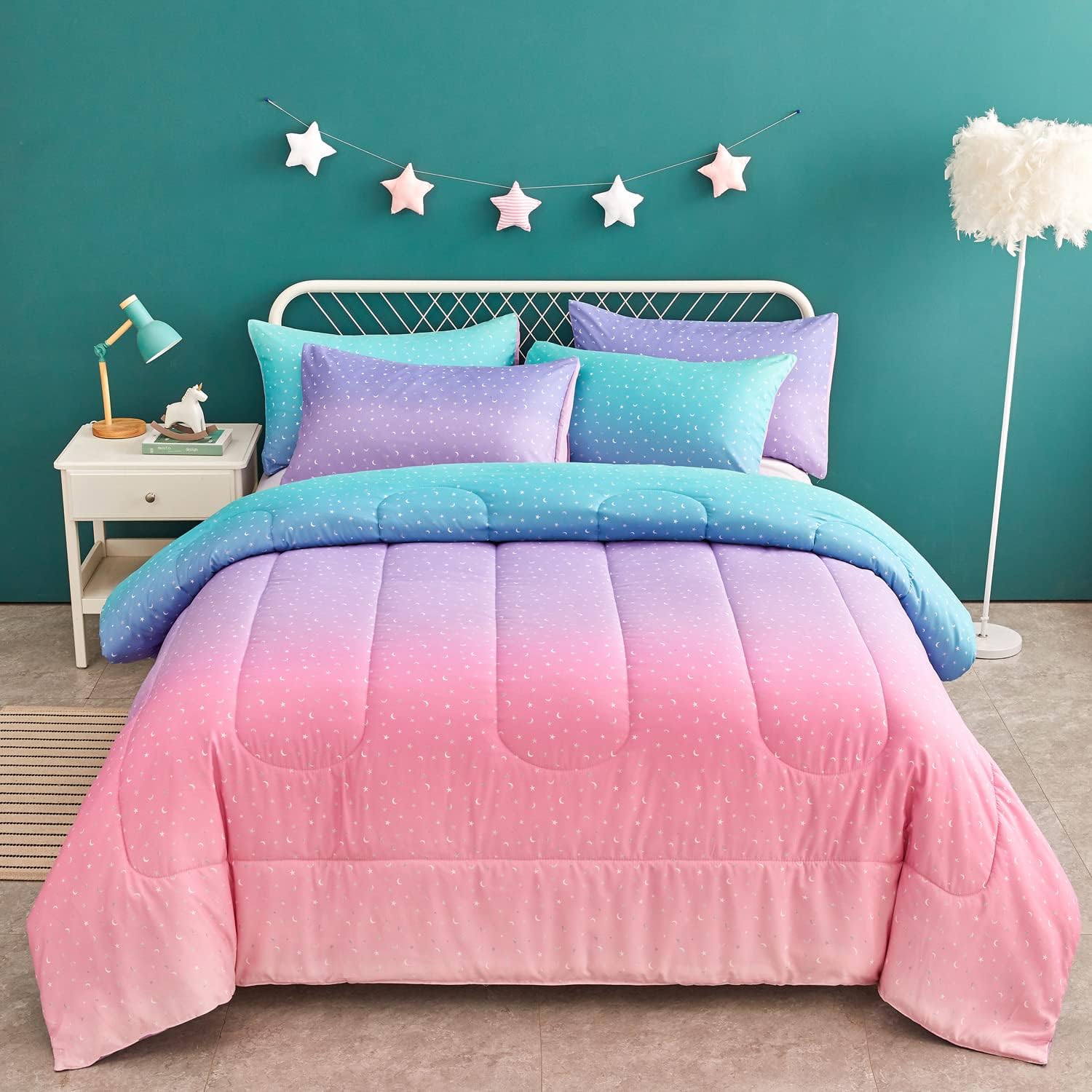 YogenegRainbow Comforter Set Twin Size for Teen Girl &Boys Women,Metallic Star Moon Printed Mermaid Comforter with Pillowcase, Microfiber 2 Piece Bedding Set,All Season (Rainbow B, Twin)