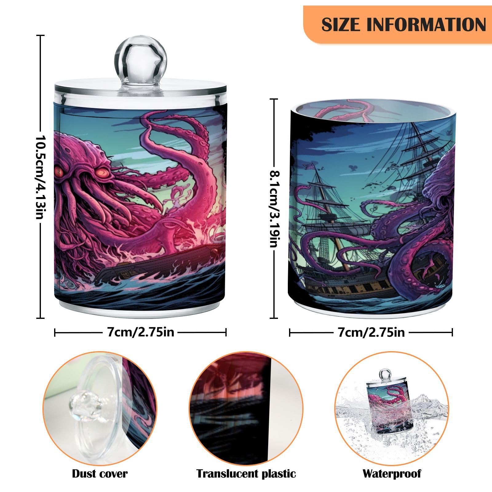 Coikll Kraken Monster Octopus Qtip Holder with Lid 2PCS Apothecary Jars Storage Containers, Clear Plastic Canister for Cotton Swab,Floss Picks, Cosmetics