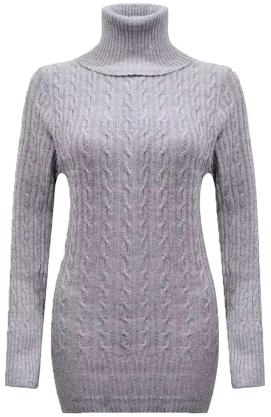 Womens Ladies Polo Neck Chunky Cable Knit Jumper Pullover Body con Mini Dress Tunic Top (Grey, One Size)