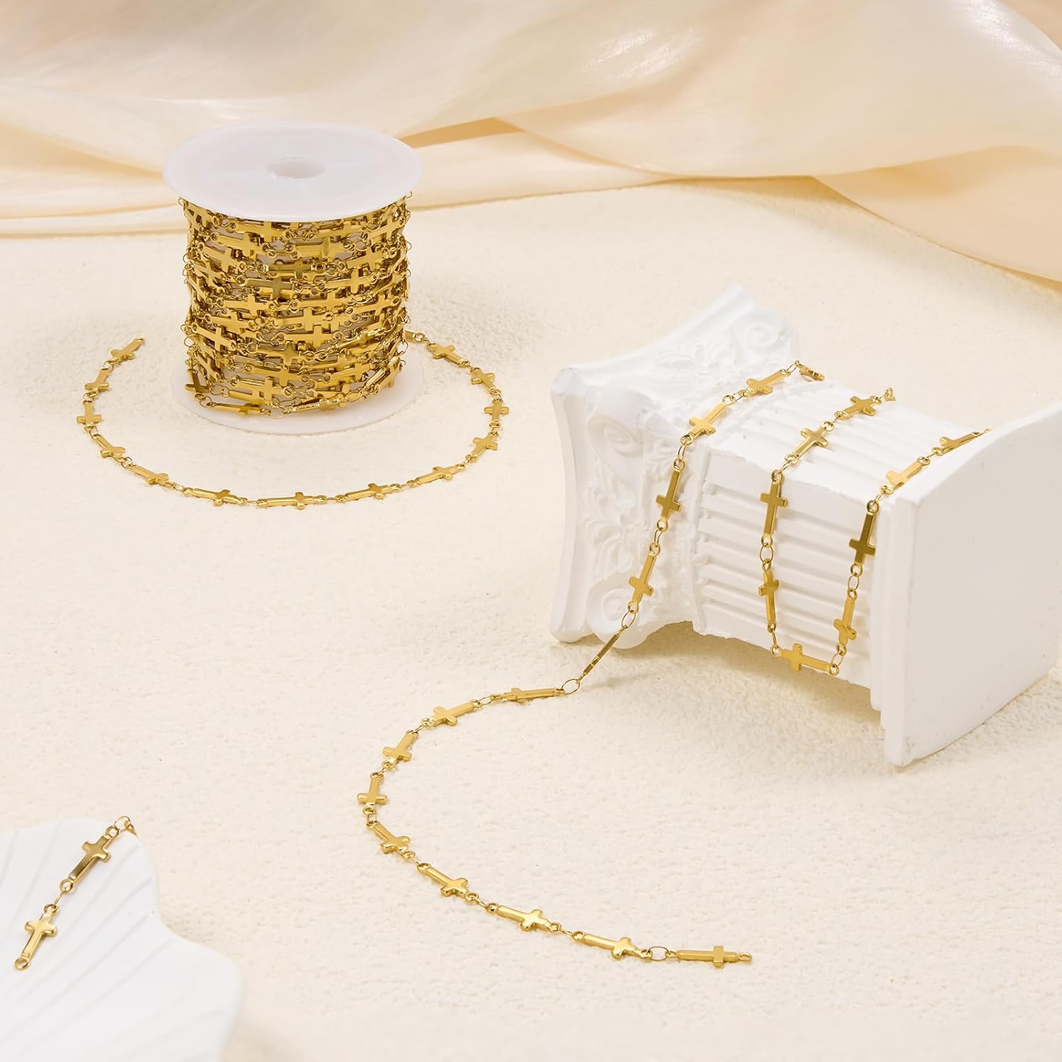 YOUBEIYEE 13 Feet Gold Plated Cross Chain for Jewelry Making Stainless Steel Bar Link Chains Bulk on Spool with Jump Rings Lobster Clasps