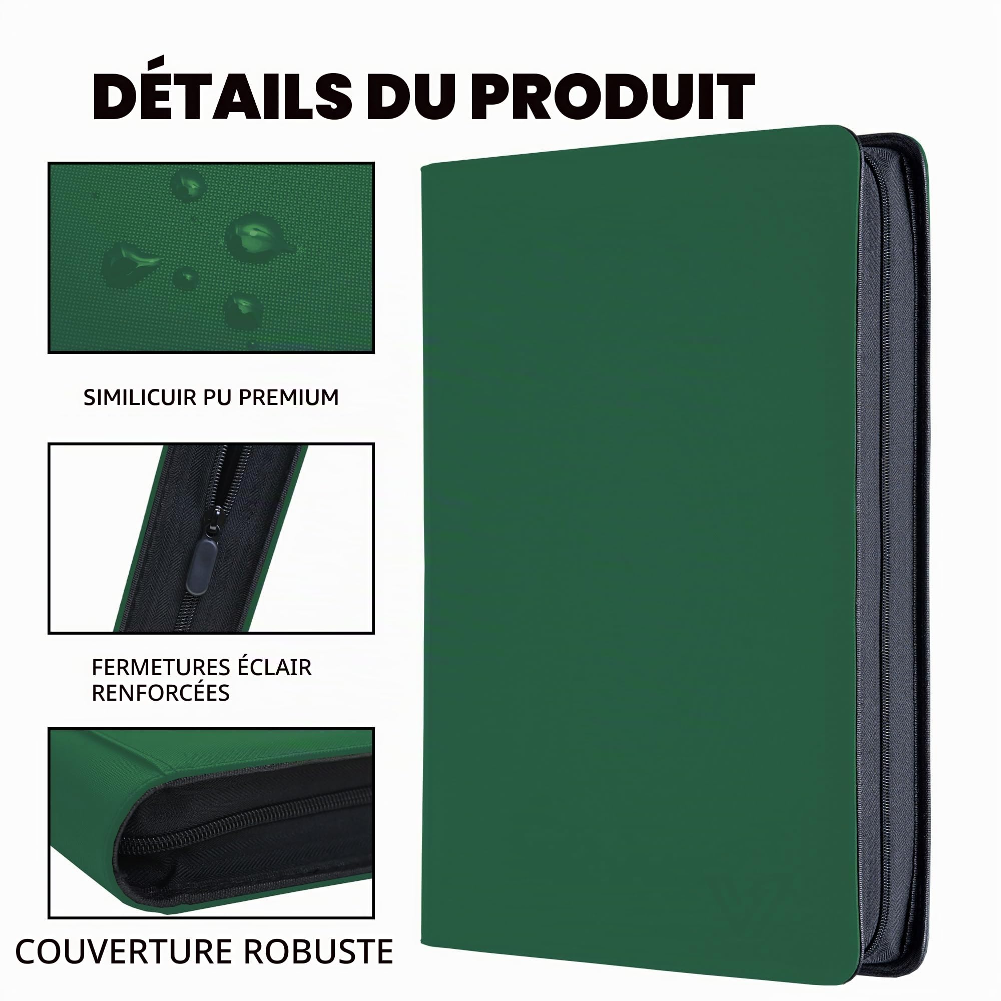 Classeur de 16 poches avec une capacité pour 1280 cartes, album de cartes 4x4 de grande capacité avec 40 pages recto-verso, couverture en polyuréthane sans anneau avec fermeture pour cartes