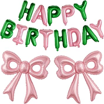 Pink and Green Happy Birthday Balloons, 31Huge Pink Bow Aluminum Foil Balloons for Girl Woman Birthday Princess Bachelorette Witch Party Decorations Supplies