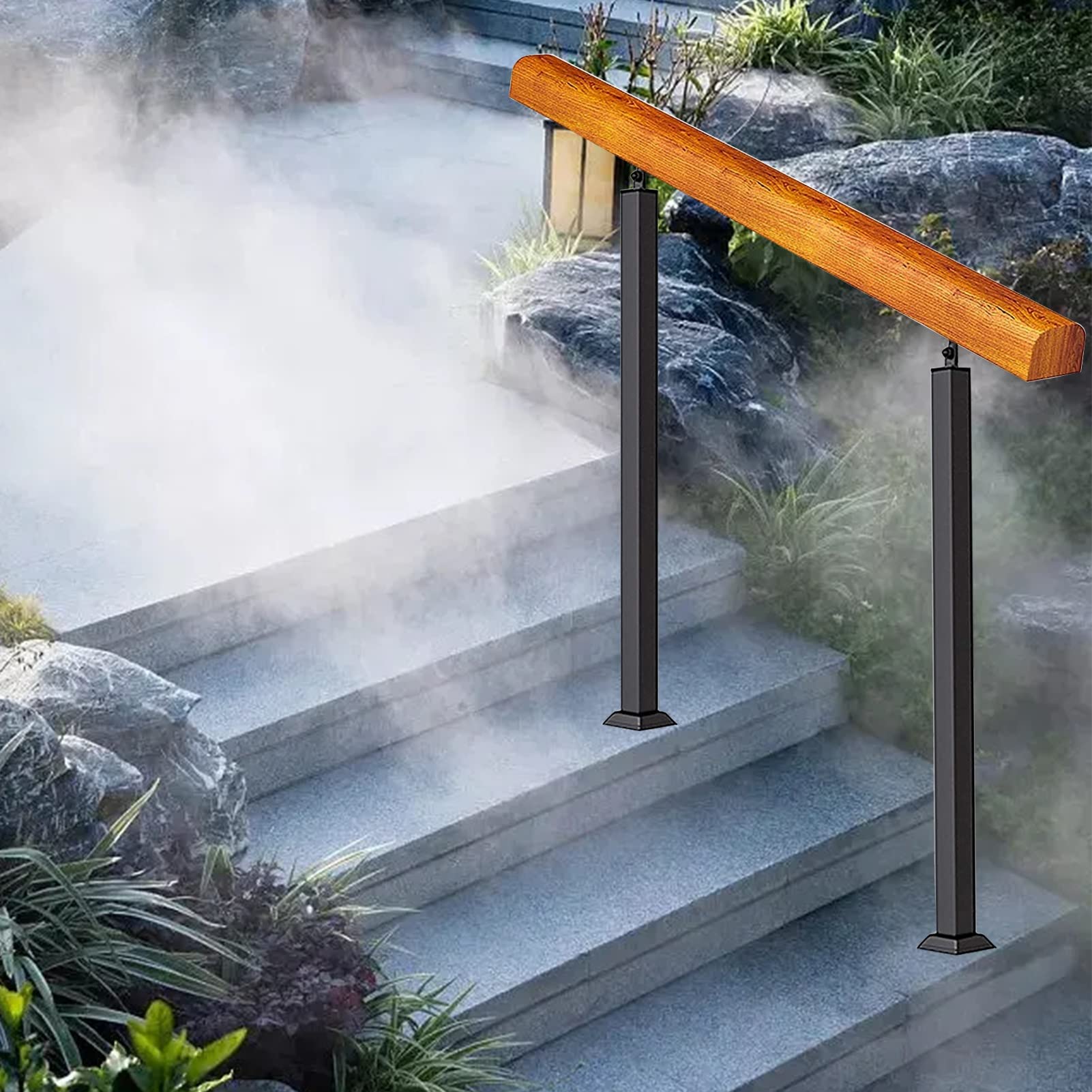 Rampe d'escalier extérieure en bois et fer forgé réglable hauteur 85 cm