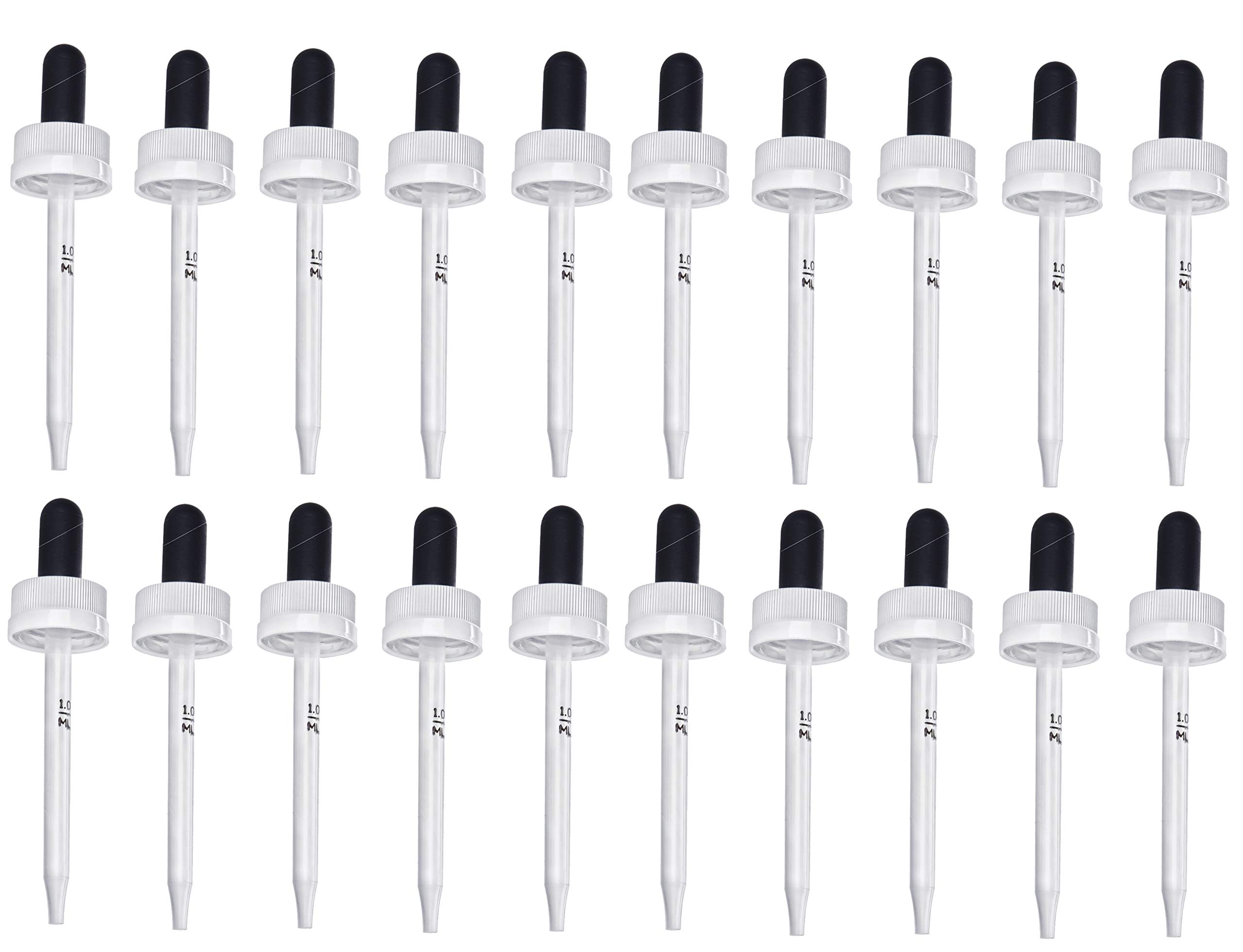 Plastic Graduated Droppers 1ml Graduated. 20/400 Neck Finish with Fine-Ribbed Child Resistant White Closure and a Black Bulb. 3 5/16” Pipette Tapered 7mm x 90mm. Pack: (20)