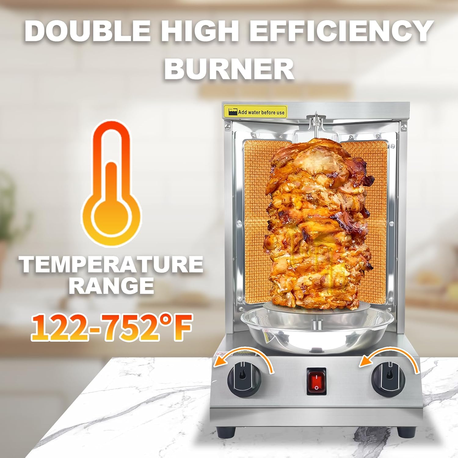 Shawarma Grill Machine Gas Vertical Rotisserie with 2 Burners, Propane Doner Kebab Oven 13 lbs Capacity, Gyro Meat Broiler Machine with Shovel, 110V