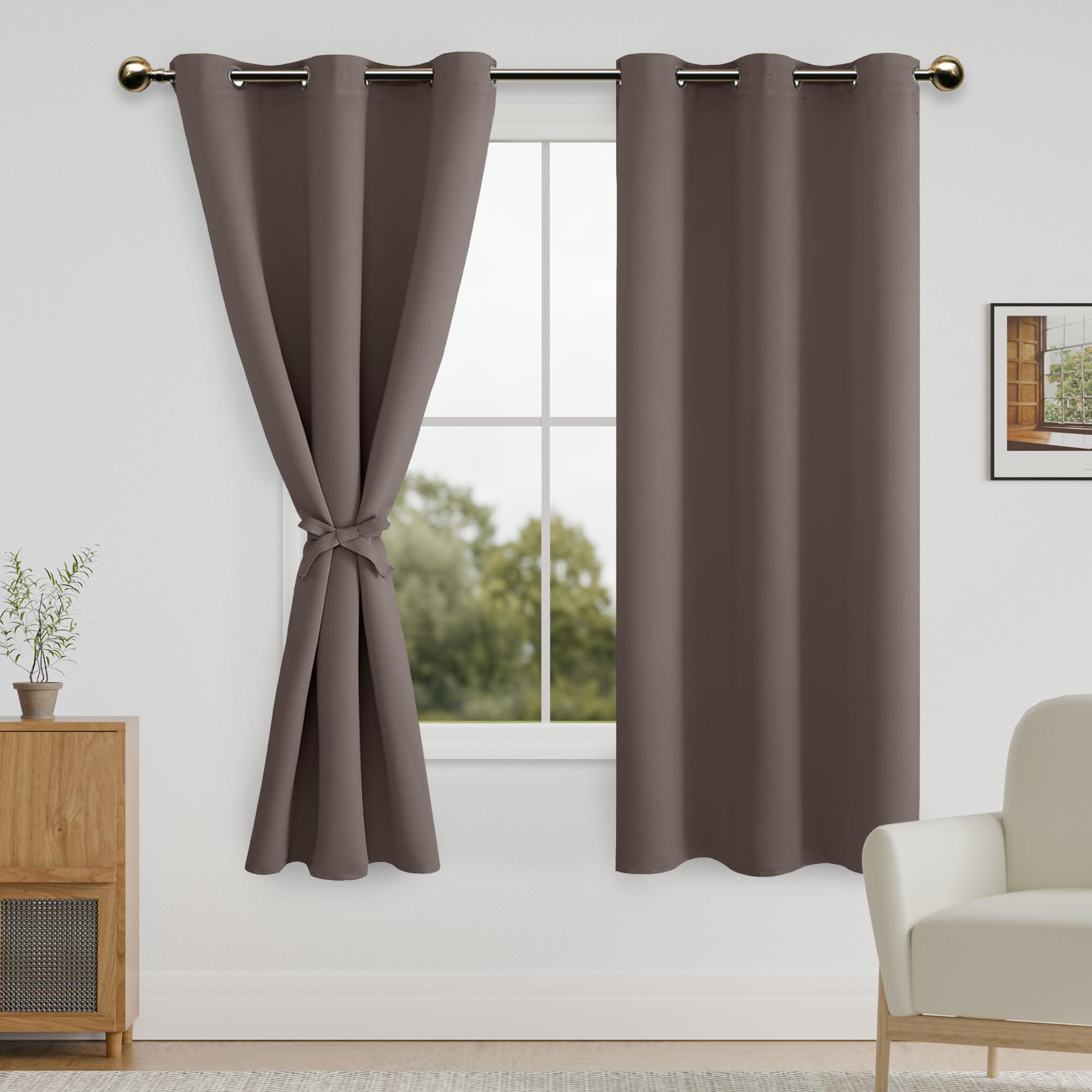 DWCN Blackout Curtains for Bedroom with Tiebacks, Room Darkening, Privacy, Eyelets, Window Curtains for Living Room, 42"x63" Length, Light Brown, 2 Pieces — image 1