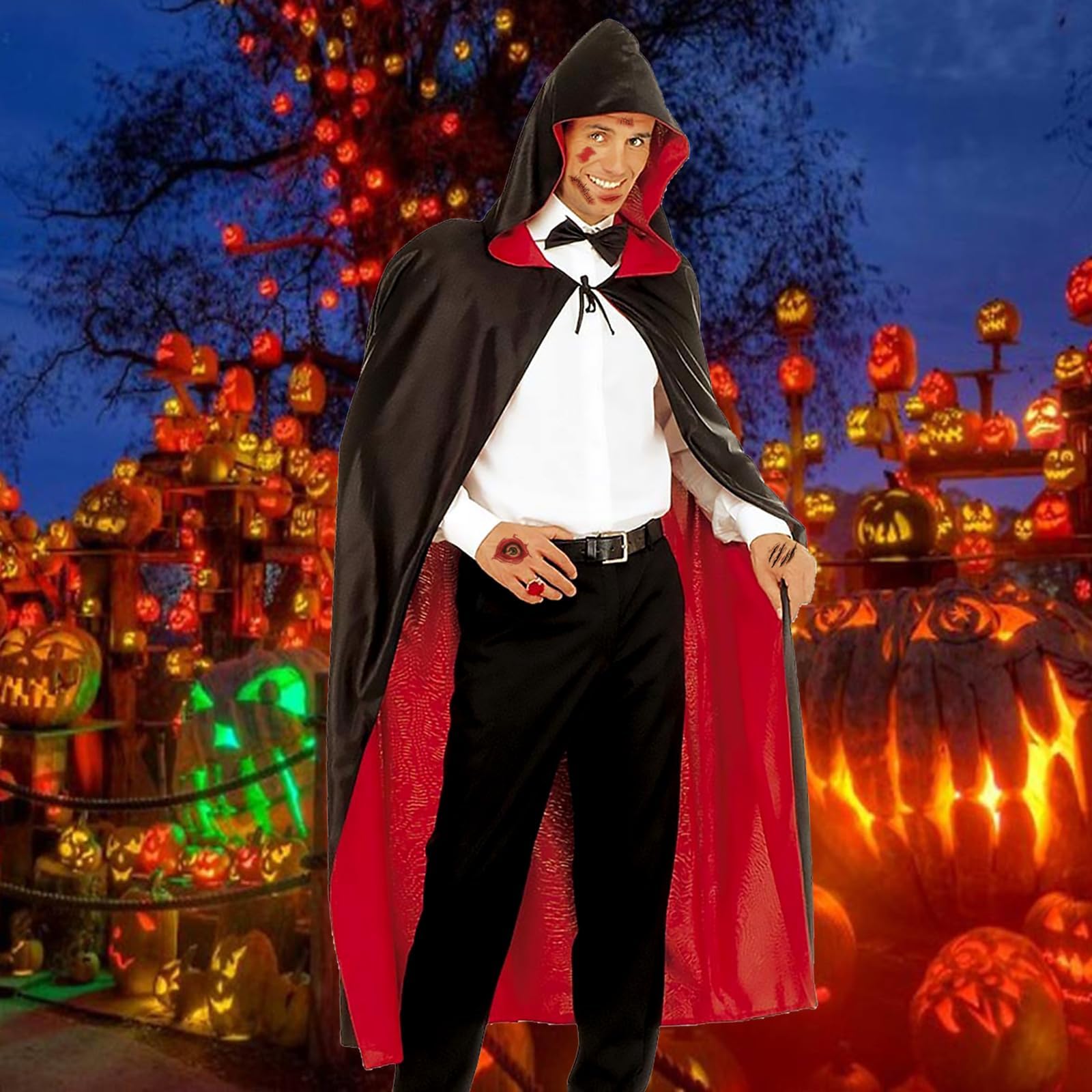 Mantello Vampiro Halloween Reversibile Rosso/Nero - Con Cappuccio Per Feste E Costumi - Foto 9