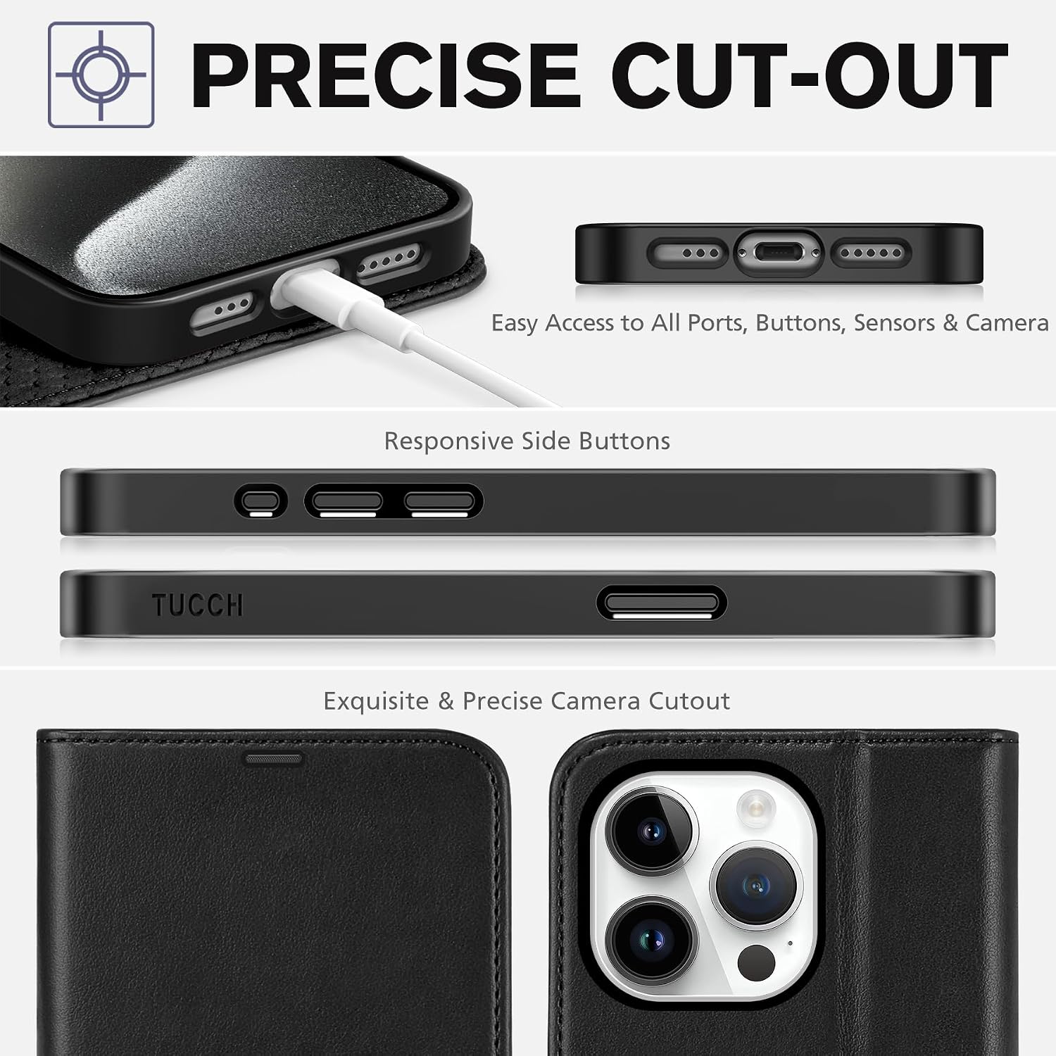 TUCCH Case Wallet for iPhone 15 Pro, RFID Blocking [4 Card Holder] Kickstand [Shockproof TPU Inner Shell] PU Leather Magnetic Protective Flip Cover 6.1" 2023, Black