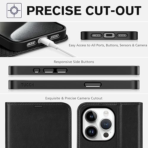 Miniatura 8 de TUCCH Funda tipo cartera para iPhone 15 Pro, funda protectora carcasa interior de TPU a prueba de golpes, piel sintética bloqueo RFID 4 tarjetas