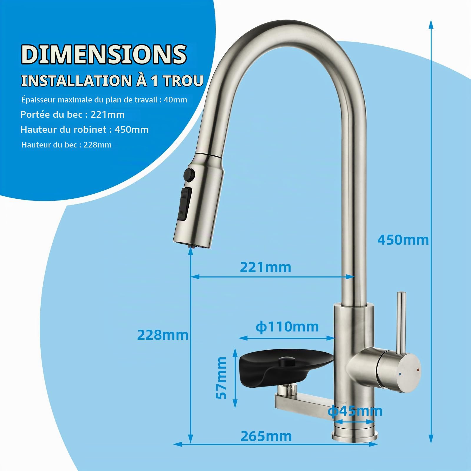 Robinet Cuisine 3‑en‑1 Filtre Lave-verres, Douchette Extractible Double jet | Mitigeur Cuisine avec Douchette,Mynaiad acier 304 Brossé, évier 3 voies, Rotation 360° Adapté Cuisine