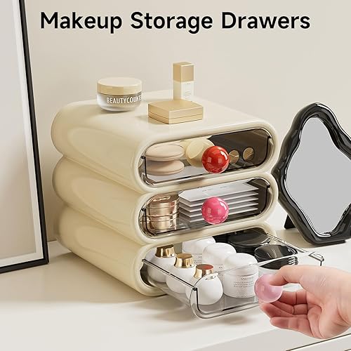 Miniatura 5 de Organizador de almacenamiento de 3 cajones, juego compacto de organizador de cajones de tocador para maquillaje, pequeña caja de almacenamiento de