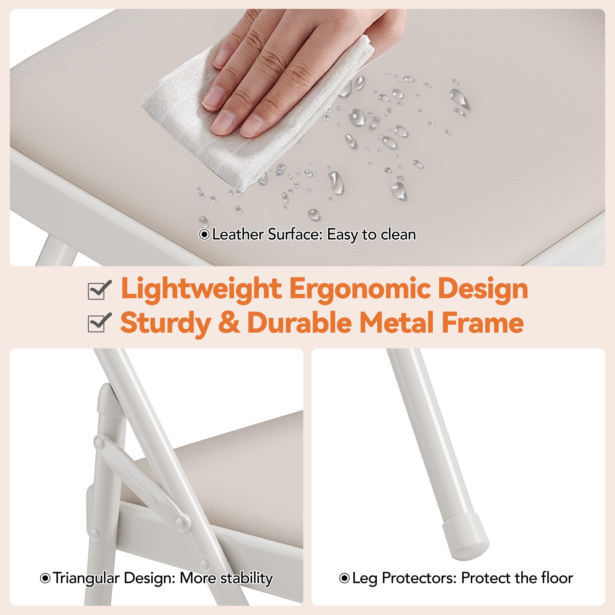 Sedie pieghevoli imbottite per sala da pranzo - struttura in metallo robusto - seduta in similpelle PU facile da pulire - schienale ergonomico - ideali per cucina, ufficio, eventi - Beige, 4