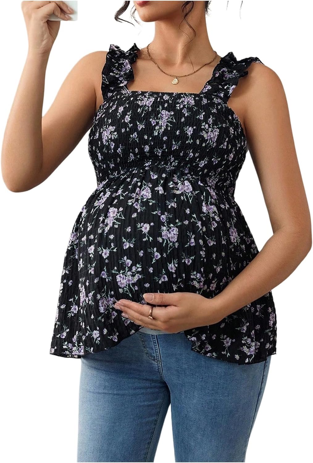 SweatyRocks Women's Maternity Tank Tops Floral Babydoll Top Square Neck Smocked Peplum Blouse Shirts
