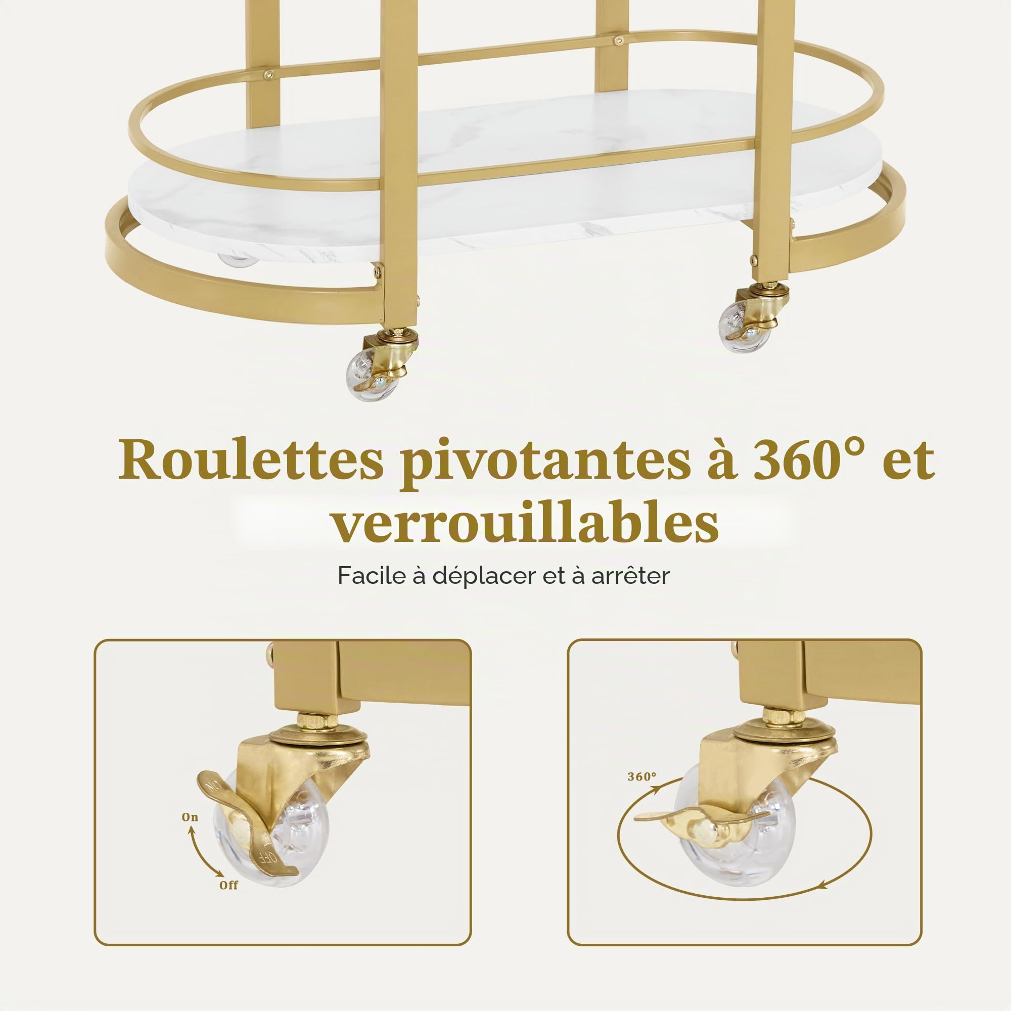 M MCombo Chariot de Service à roulettes, Chariot de Cuisine Chariot de Bar Structure métallique Blanc-doré, Chariot Moderne Polyvalent à 3 Niveaux, pour Salon Bureau, 40x75,5x80cm, 0034