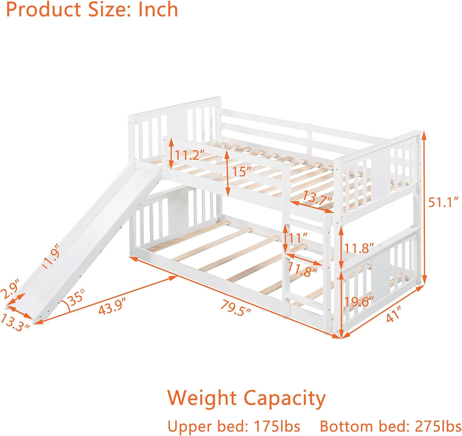 Montessori Floor Bunk Bed Twin Over Twin, Twin Bunk Bed with Slide and Ladder, Kids Bunk Beds with Guardrail Headboard and Footboard, Low Bunk Beds for Kids, Boys, Girls, Twin Bunk Bed White