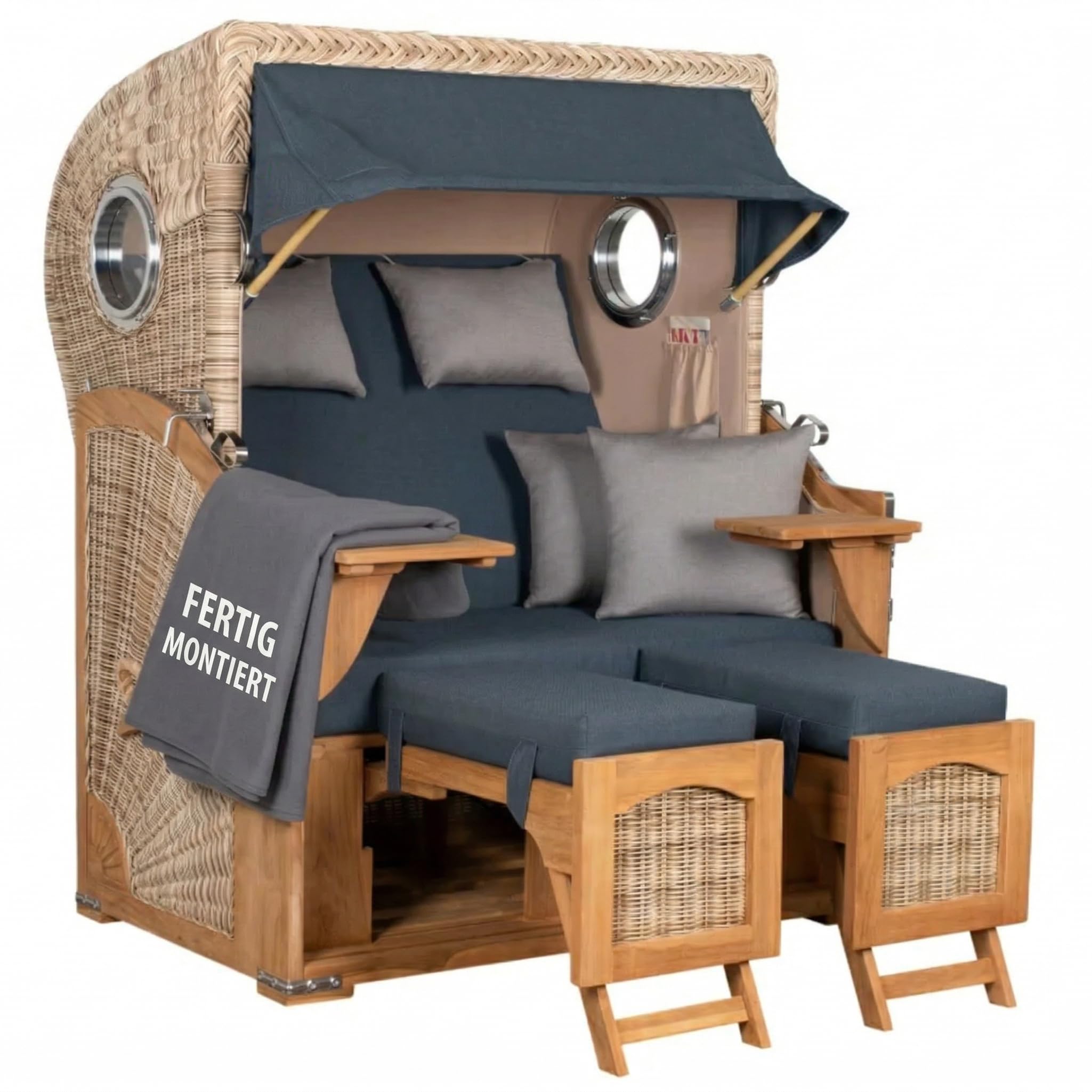 MR. DEKO® Strandkorb Düne Teak 2-Sitzer Bullauge | PE Geflecht Shell | Volllieger Strandstuhl verstellbar | inkl. 4 Kissen Wechselpolster | Strandkörbe fertig montiert aus Teakholz | (Dessin 593)