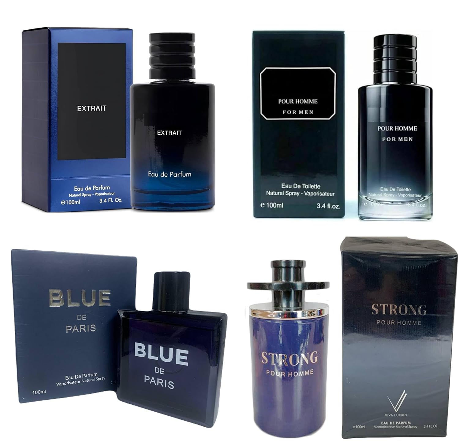 4-Piece Fragrance Gift Set for Men – Strong, Extrait, Pour Homme and Blue De Paris Aromatic, Floral, Oriental & Woody Notes – 3.4 OZ Eau De Parfum 4-Piece Fragrance Gift Set for Men – Strong, Extrait, Pour Homme and Blue De Paris Aromatic, Floral, Oriental & Woody Notes – 3.4 OZ Eau De Parfum