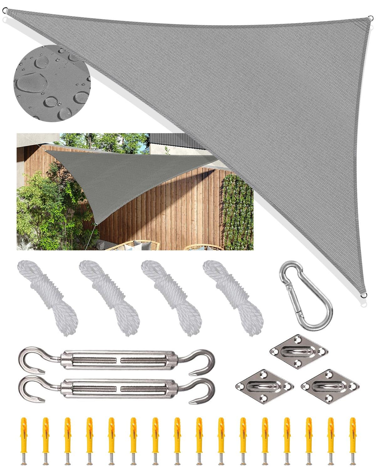 Voile d'ombrage triangulaire imperméable, 3 x 4 x 5 m, en polyéthylène téréphtalate, bloque 98 % des rayons UV, avec corde, pour extérieur, terrasse, fête avec accessoires d'installation, voile