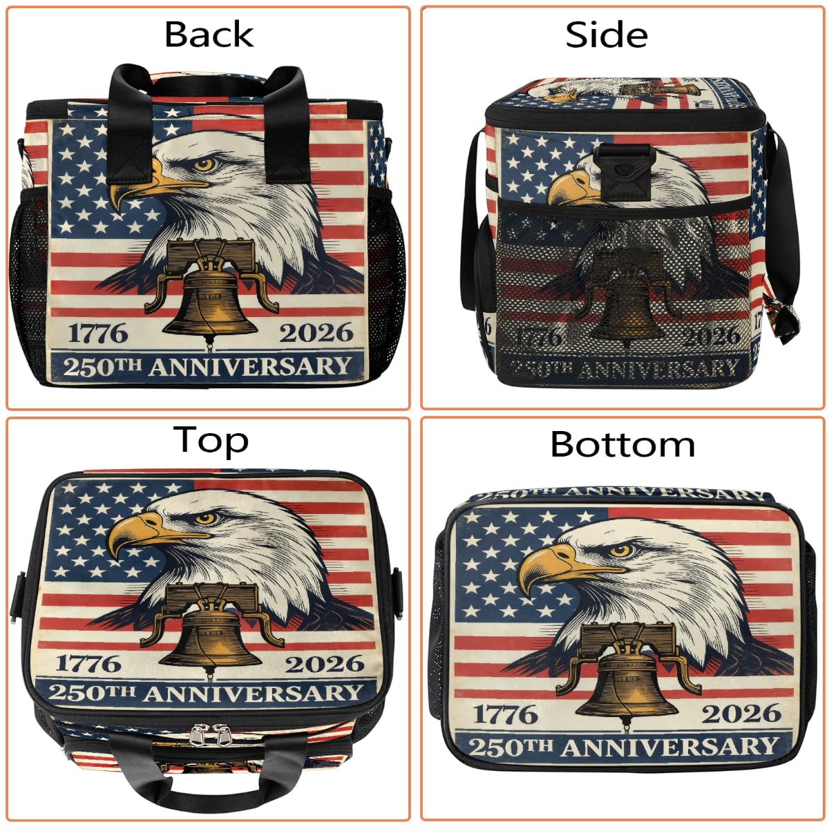 Grand sac isotherme de camping pour pique-nique, 250e anniversaire de mariage, motif aigle, liberté, cloche, sac à déjeuner et boîte à déjeuner pour homme et femme, 20 l