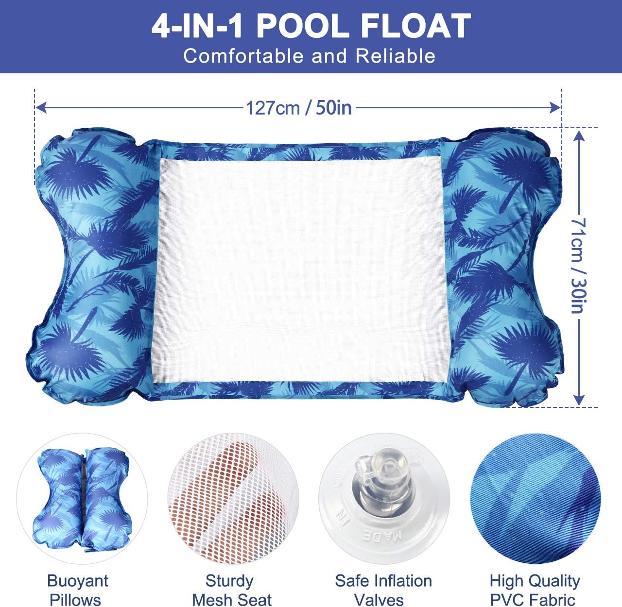 Water Hammock, Fostoy Pool Float Chair 4-in-1 Multi-Purpose Inflatable Pool Floats Portable Water Lounge for Adults and Kids (Blue Leaves) : Toys & Games