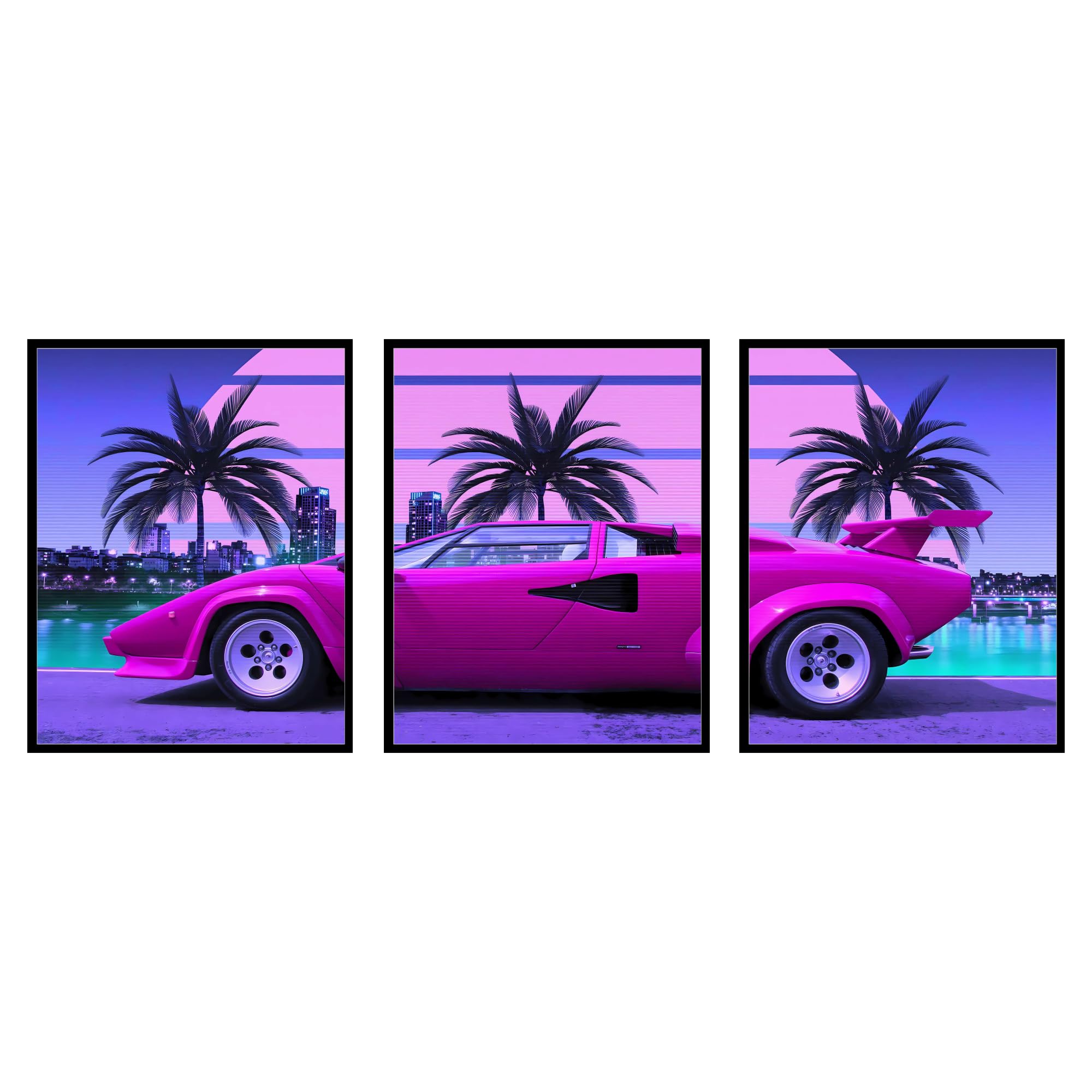 Affiche de voiture cyberpunk Lamborghini Countach : déco murale 3 panneaux pour chambre de garçon