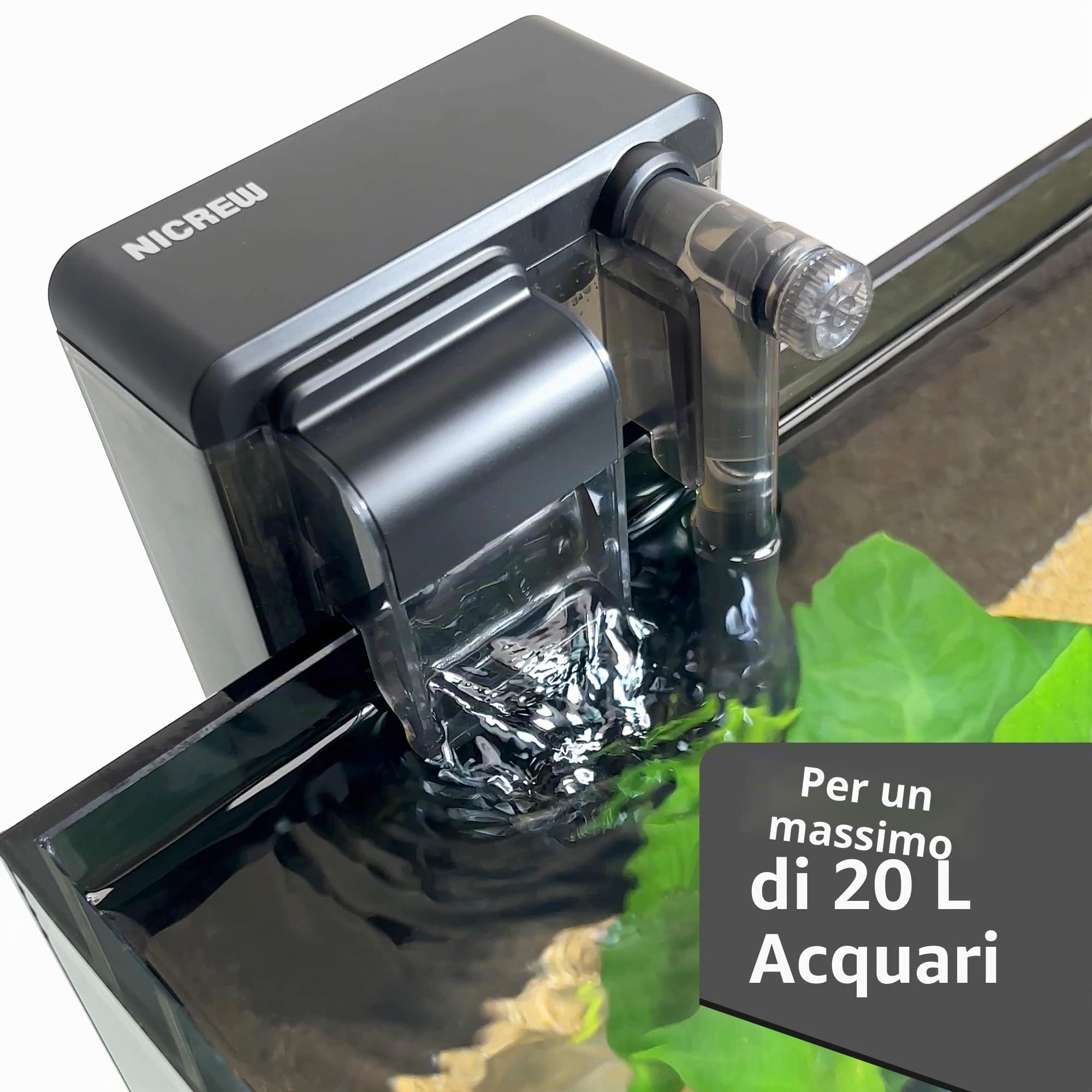 NICREW Filtro sottile per acquario, silenzioso, filtro esterno per acquari fino a 20 l, flusso regolabile, 160 LPH, 3 W