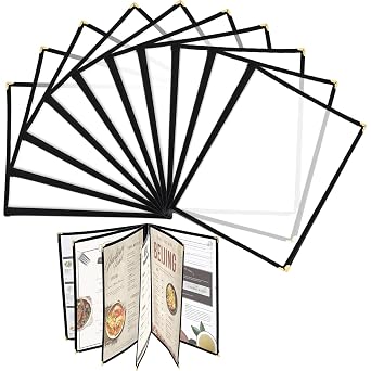 10 Pack Menu Covers 6 Page 12 View, 8.26 x 11.69 Inches Transparent Restaurant Recipe Menu Covers Menu Holder with Leatherette Trim & Metal Corners for Bar Cafe Restaurant