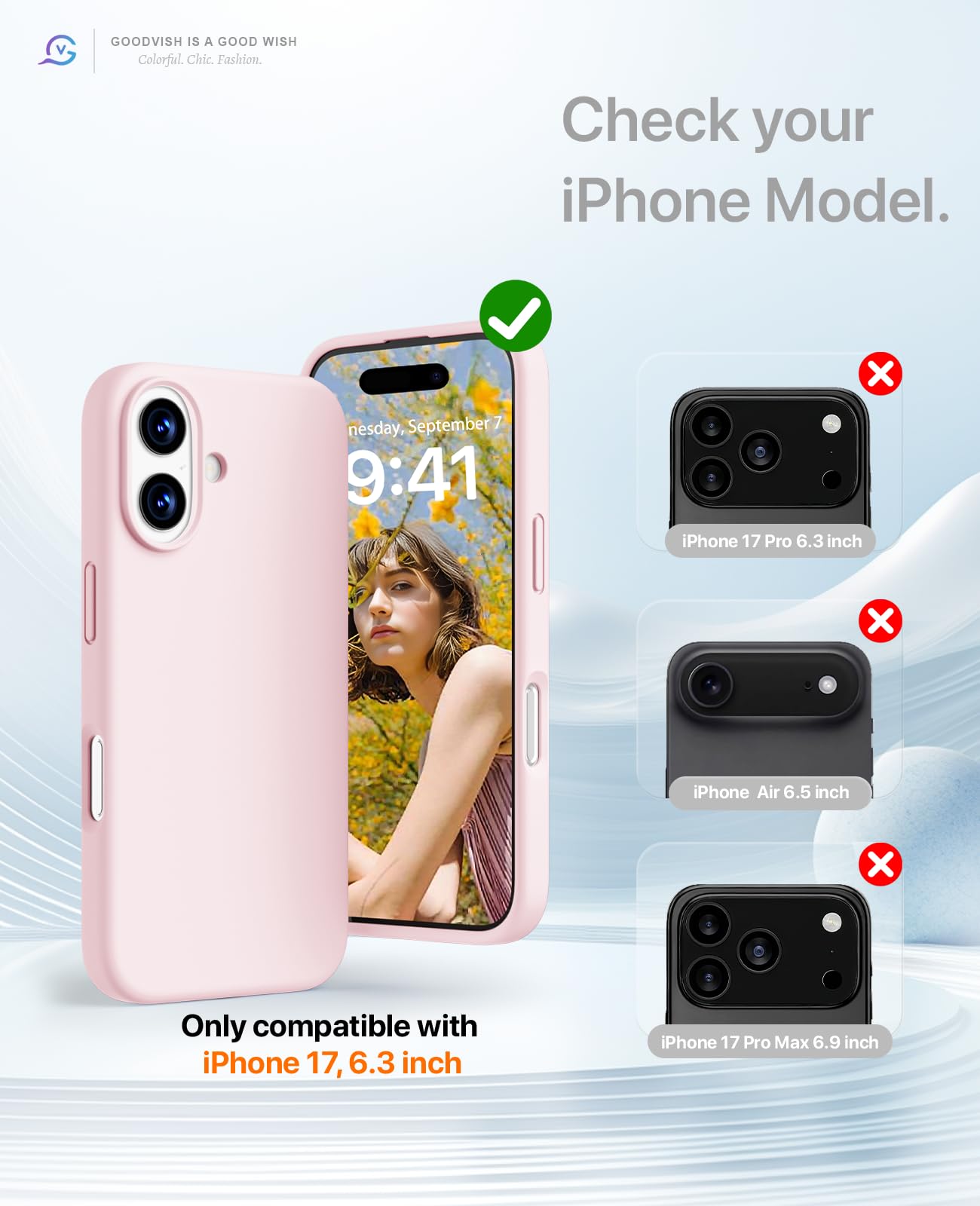 GOODVISH 3 in 1 Silicone Cover per iPhone 17 6.3", Custodia con 2 Pellicola Vetro Temperato [Protezione Fotocamera] 360° Protezione Anticaduta Case per Cellulare Antiurto Resistente, Rosa Sabbia