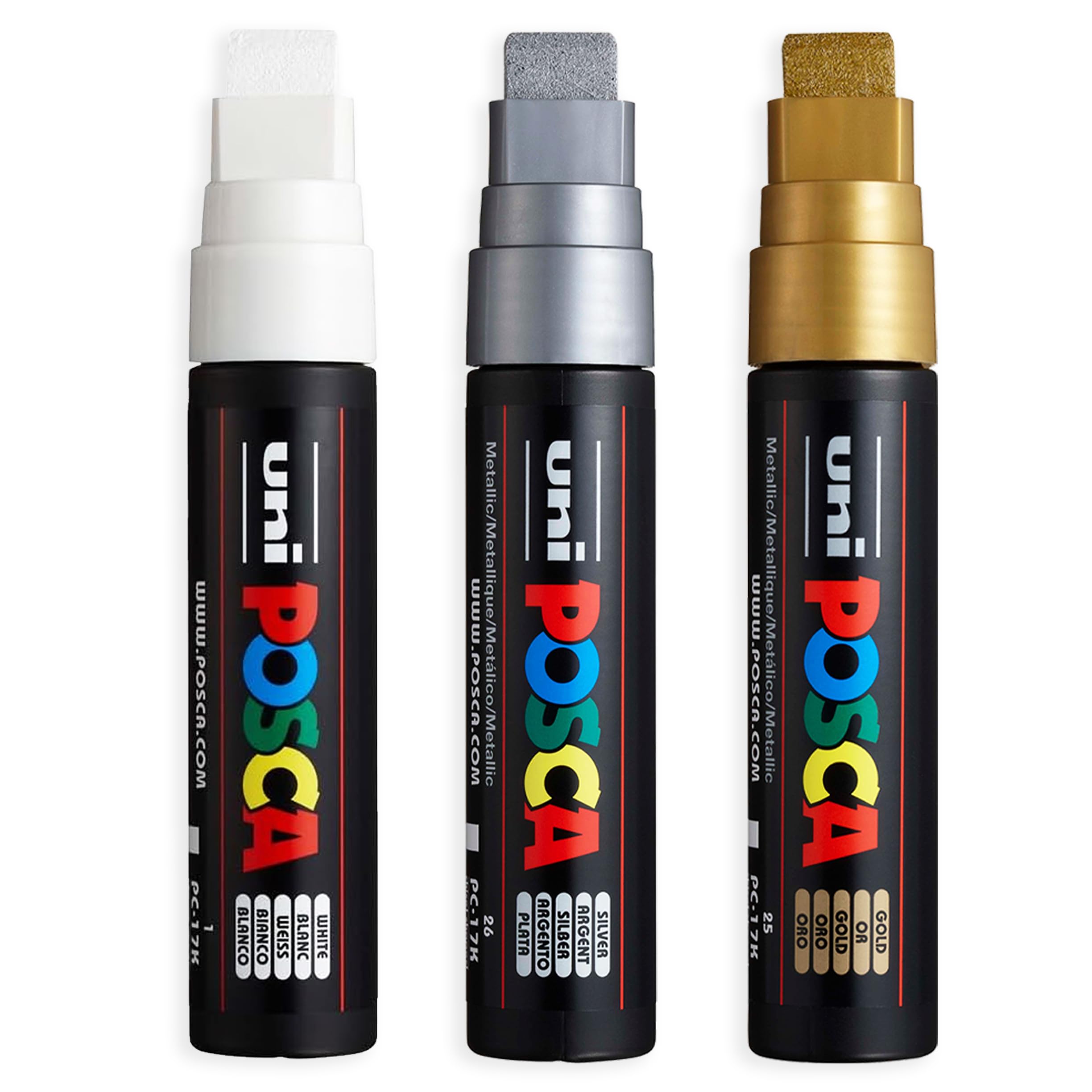 Posca PC-17K Water Based Permanent Marker Paint Art Pens – 15mm Chisel Tip - White, Gold and Silver - Pack of 3