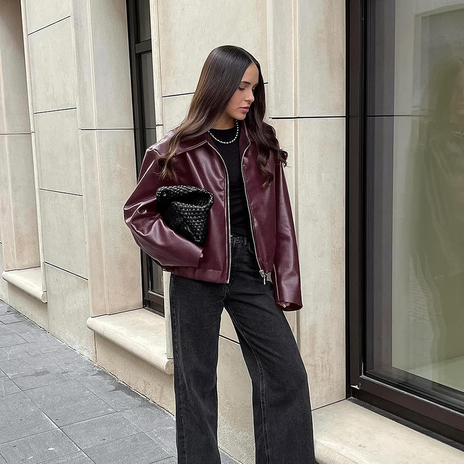 Sedrinuo Womens Oversized Faux Leather Jacket Long Sleeve Zipper Burgundy Trendy Motorcycle Jacket Outerwear