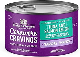 Stella & Chewyâ€™s Carnivore Cravings Savory Shreds Cans â€“ Grain Free, Protein Rich Wet Cat Food â€“ Wild-Caught Tuna & Salmon Recipe â€“ (2.8 Ounce Cans, Case of 12)