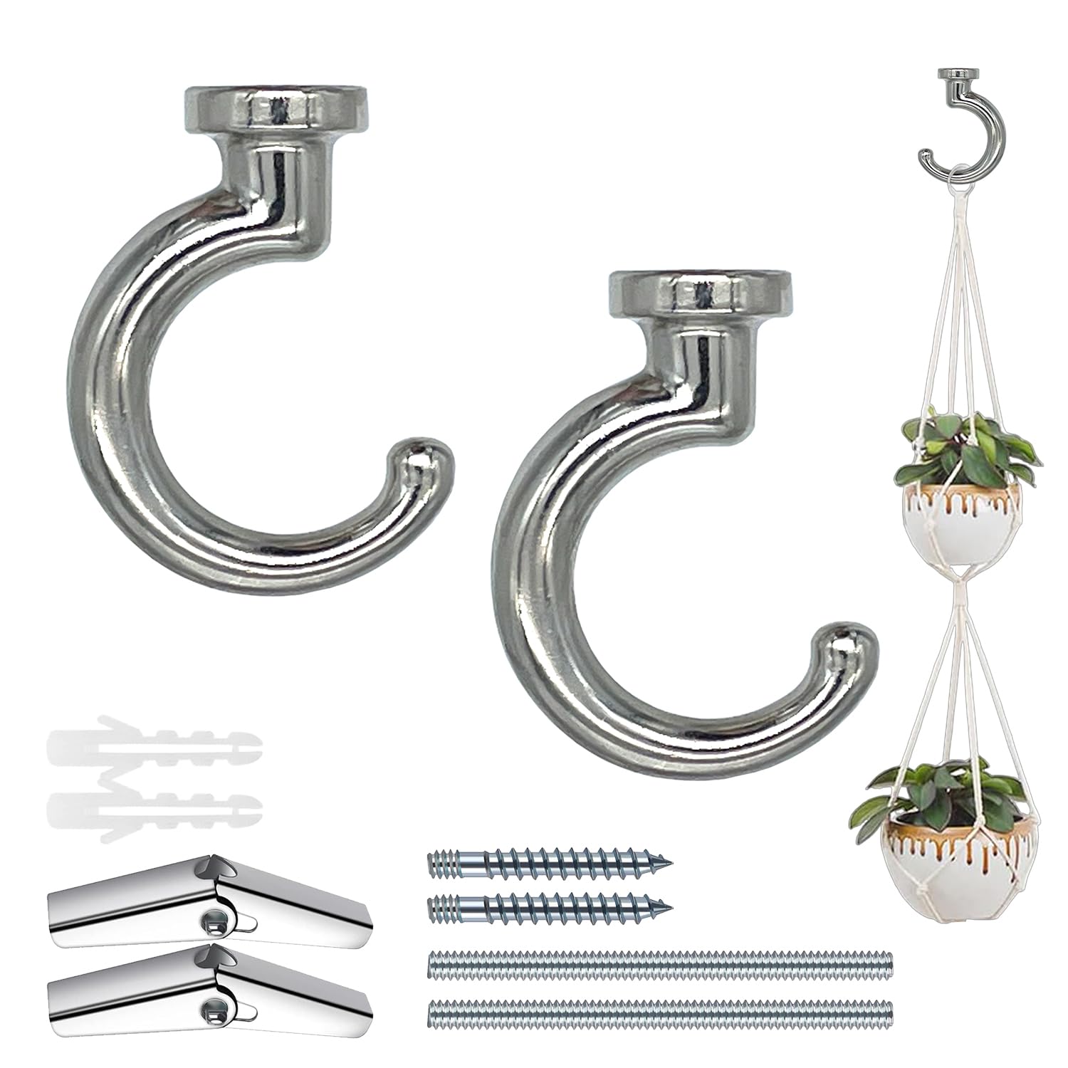 OBSTKUCHEN Large Swag Ceiling Hooks Heavy Duty Swag Hook with Hardware for Hanging Plants Ceiling Installation Cavity Wall Fixing (2 Sets, Silver)