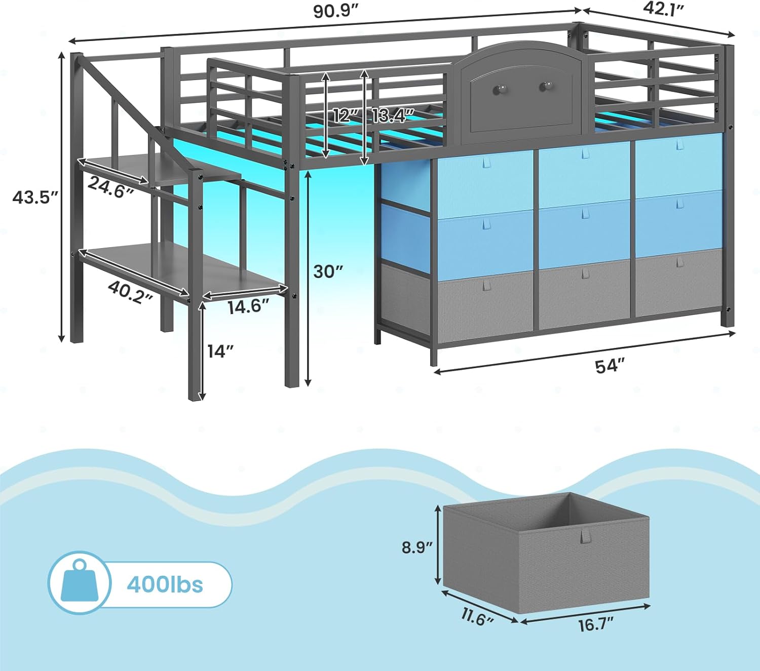 VIAGDO Low Loft Bed Twin Size with 9 Storage Drawers and LED Lights, Metal Twin Loft Bed with Stairway Shelf Storage, Low Loft Bed with Safety Guardrail and Under-Bed Hideaway for Kids, Grey