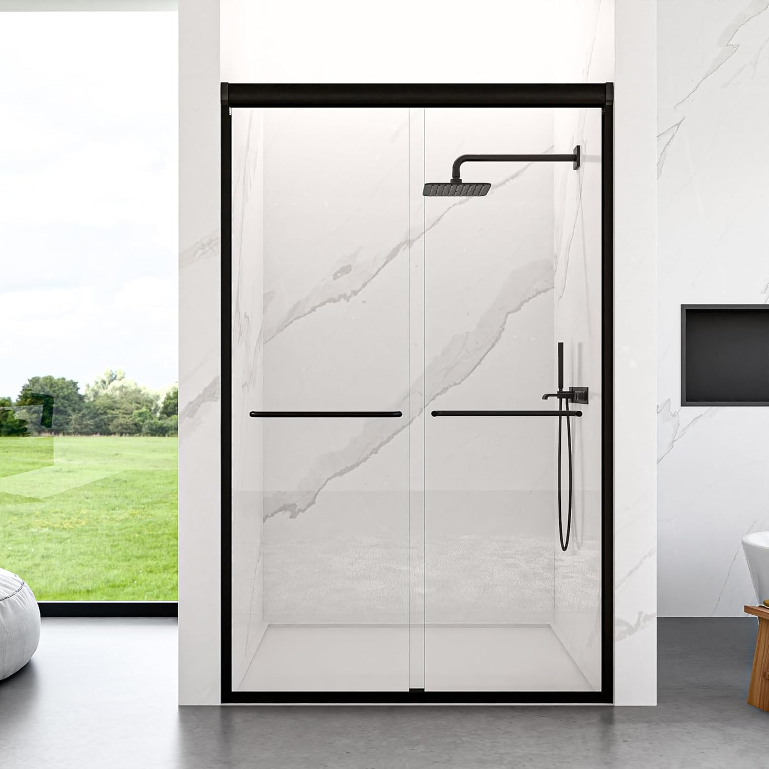 44-48" W x 72" Shower Door, Semi-Frameless Double Sliding Glass Shower Door, 1/4 inch Clear Tempered Glass Door for Walk-in Shower Matte Black