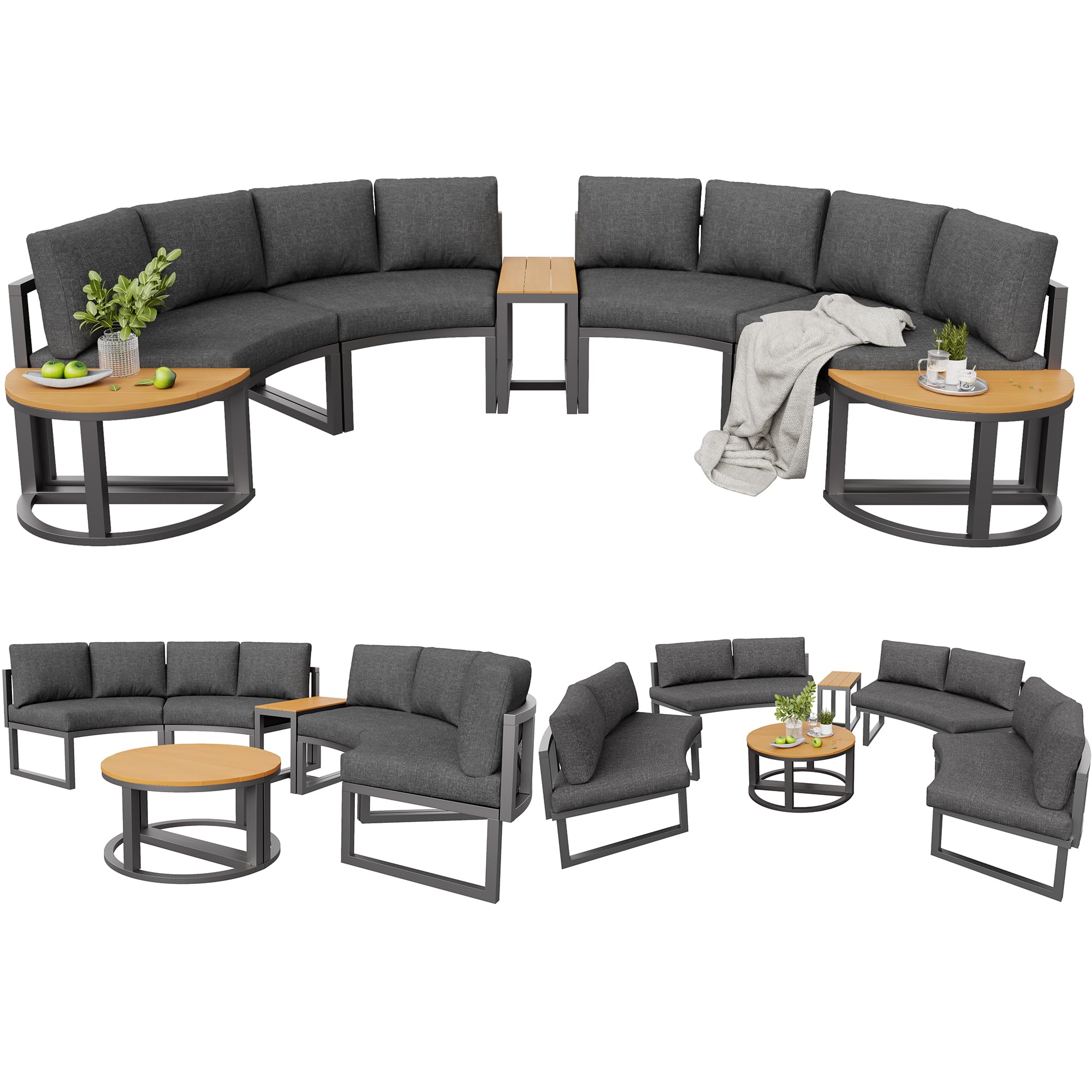 Gartenmöbel-Set für 4-6 Personen, Garten Loungesessel Set, Bequeme Gartenmöbel mit grauen Sitzpolstern und Kissen, verstellbare Beine, rundes Sofa, grau (4-6 Personen)